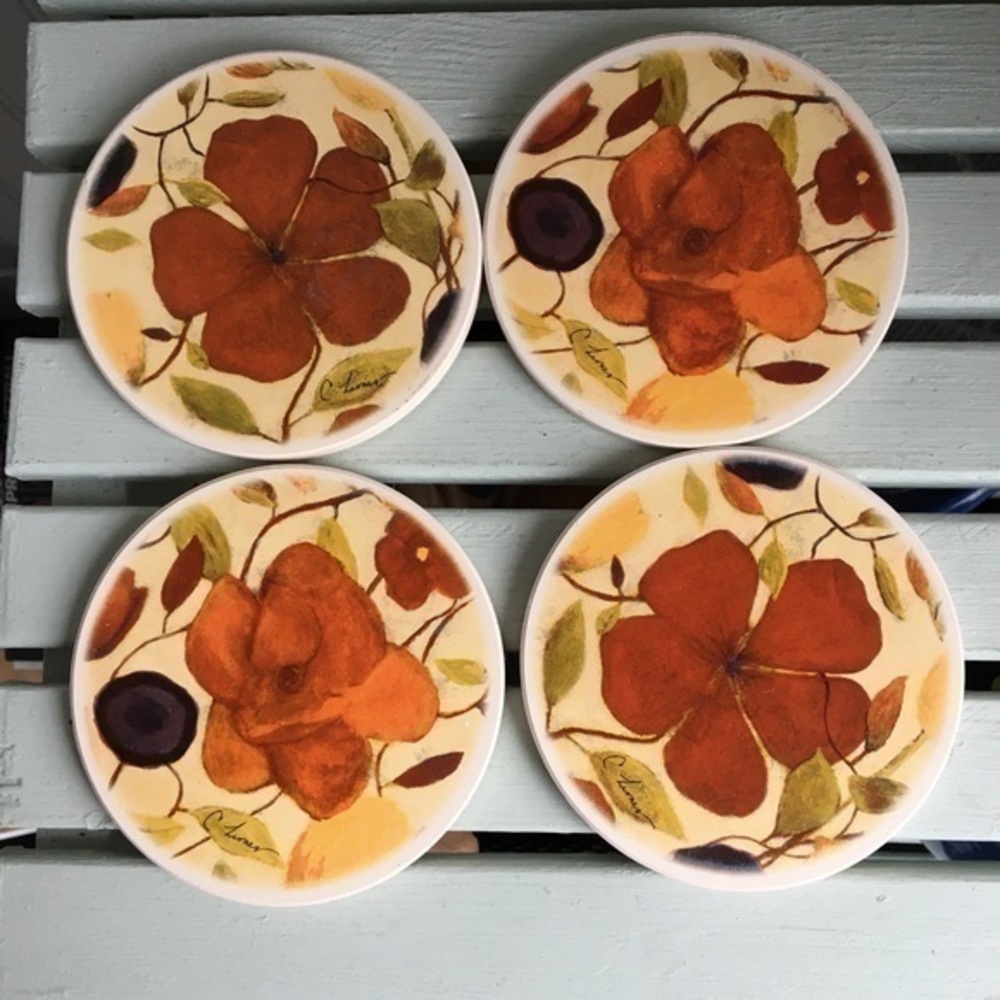Red Floral Coasters Set of Four with Holder